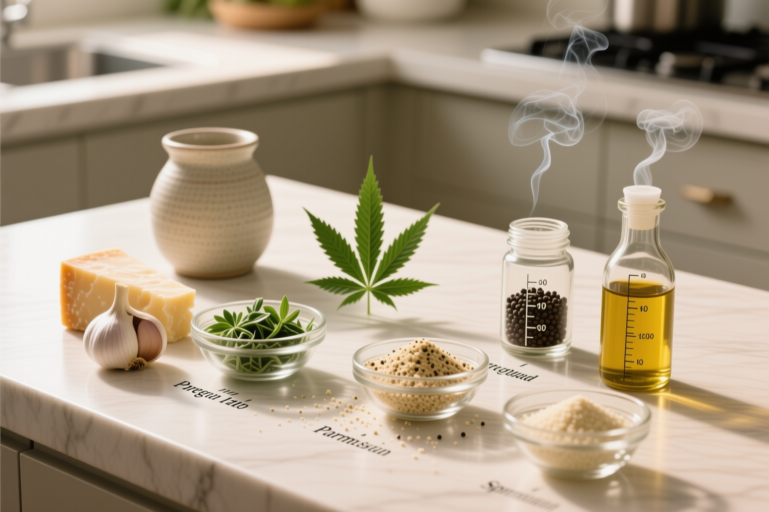 Ingredients for Cannabis-Infused Garlic and Herb Parmesan Sprinkle including parmesan, garlic, parsley, oregano, black pepper, infused oil powder concept