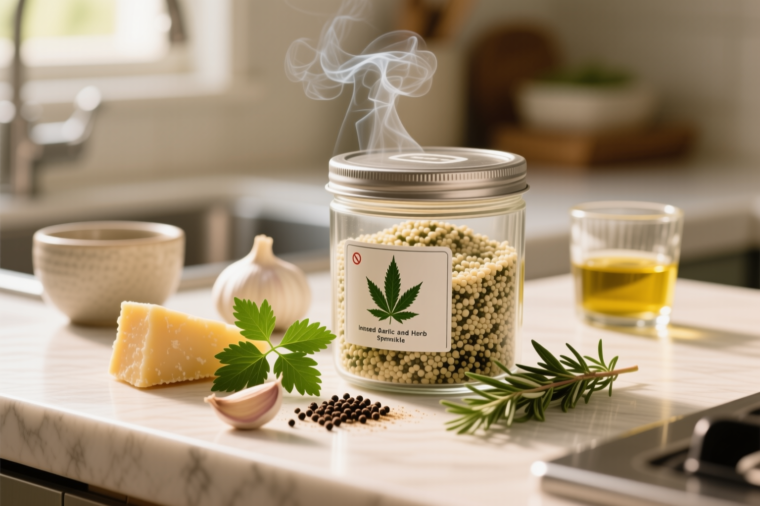 Cannabis-Infused Garlic and Herb Parmesan Sprinkle stored in a clearly labeled container