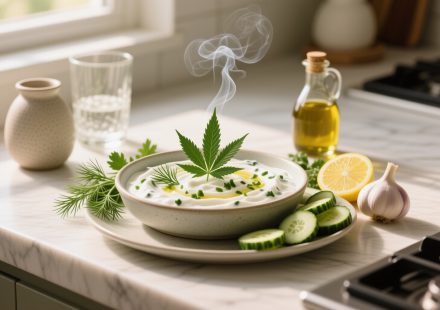 cannabis herb yogurt dip finished recipe styled as the emotional anchor with warm editorial food photography