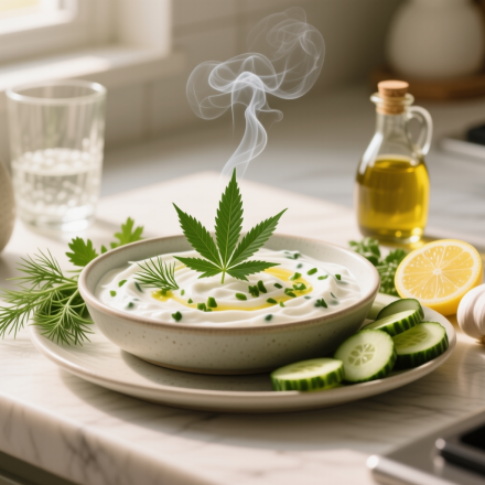 cannabis herb yogurt dip finished recipe styled as the emotional anchor with warm editorial food photography
