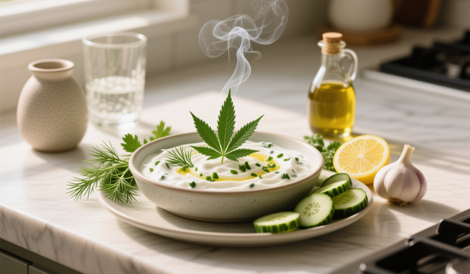 cannabis herb yogurt dip finished recipe styled as the emotional anchor with warm editorial food photography