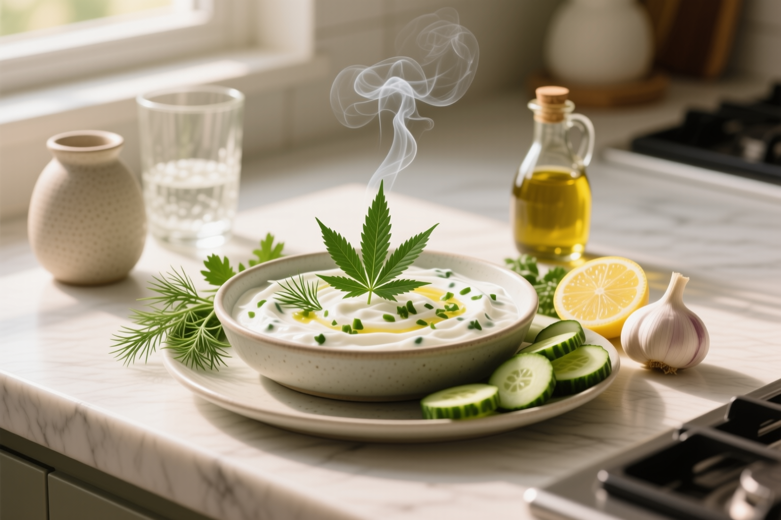 Cannabis-Infused Creamy Herb Yogurt Dip finished and portioned for measured serving