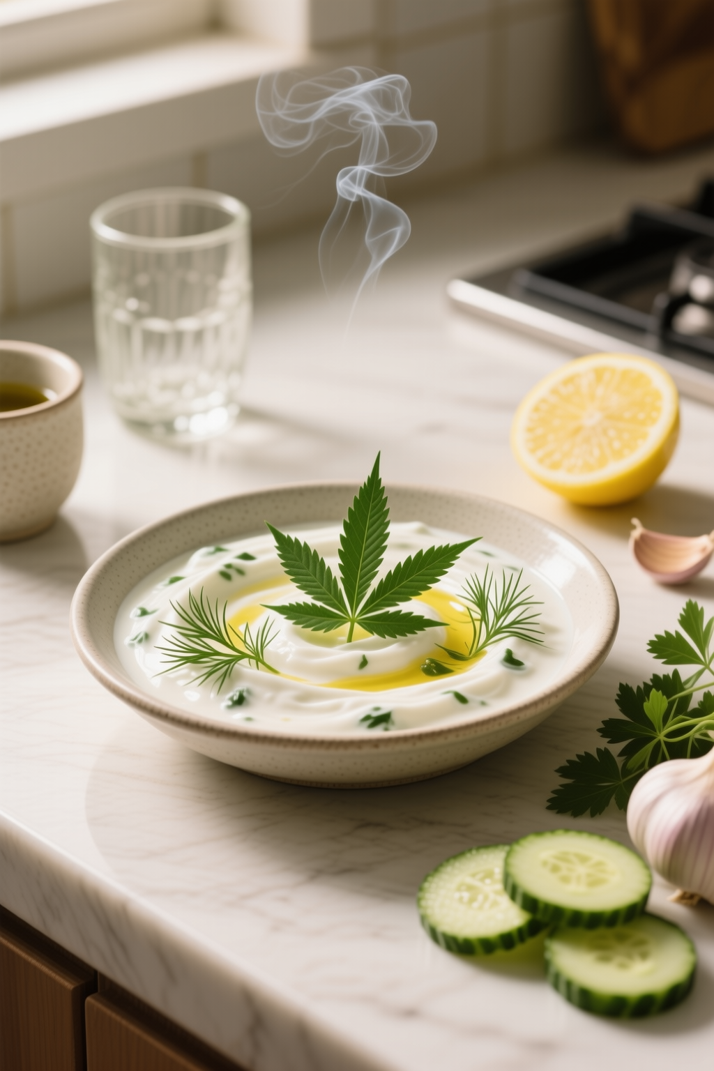 Finished Cannabis-Infused Creamy Herb Yogurt Dip divided into clear servings