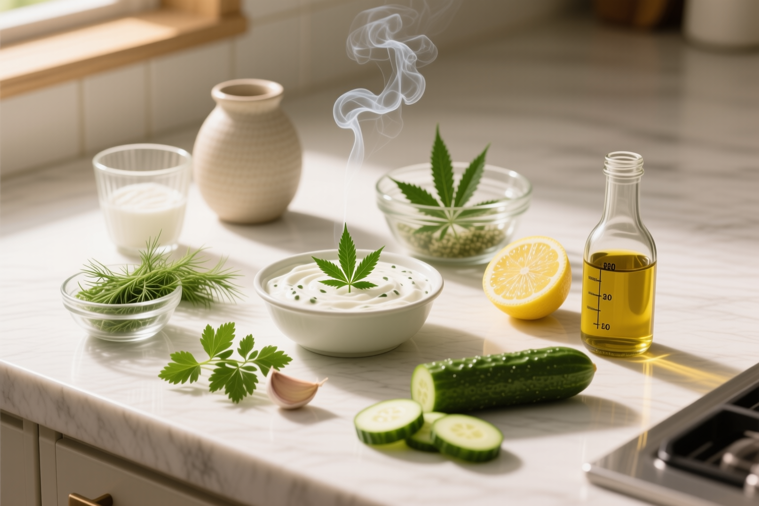 Ingredients for Cannabis-Infused Creamy Herb Yogurt Dip including Greek yogurt, dill, parsley, lemon, garlic, cucumber, infused olive oil