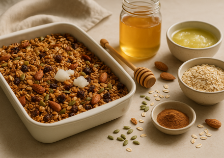 cannabis honey baked granola finished recipe styled as the emotional anchor with warm editorial food photography