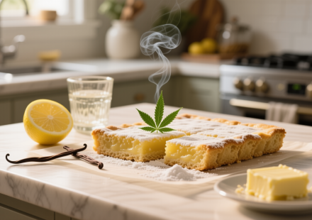 cannabis lemon bars finished recipe styled as the emotional anchor with warm editorial food photography