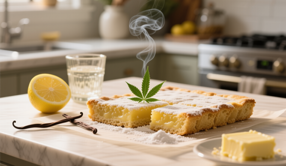 cannabis lemon bars finished recipe styled as the emotional anchor with warm editorial food photography