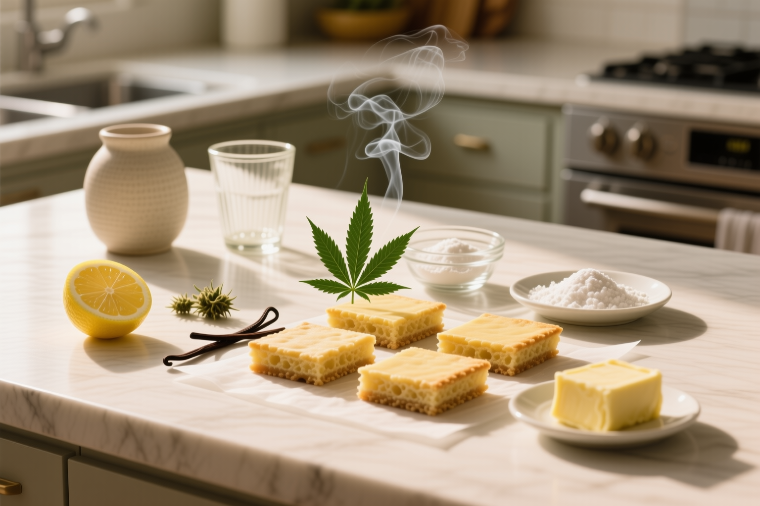 Ingredients for Cannabis-Infused Lemon Bars including lemon, shortbread, vanilla, powdered sugar, infused butter