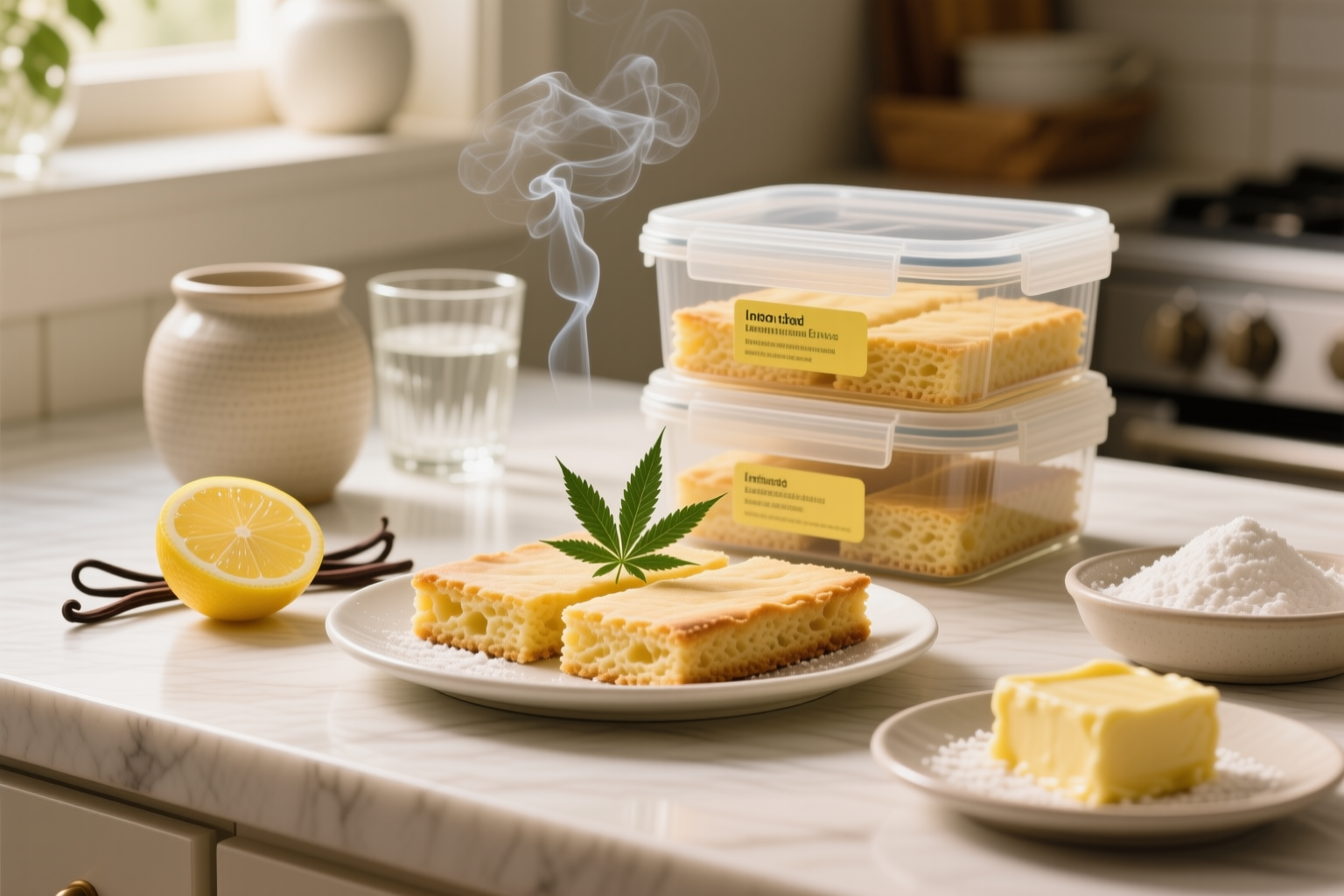 Cannabis-Infused Lemon Bars stored in a clearly labeled container