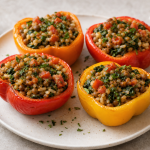 cannabis lentil stuffed bell peppers finished recipe styled as the emotional anchor with warm editorial food photography
