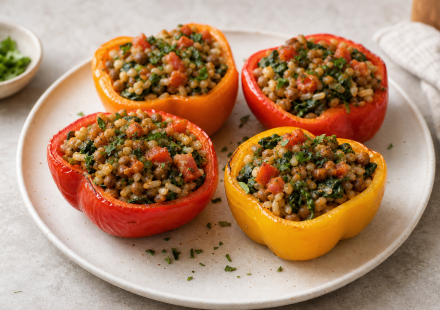 cannabis lentil stuffed bell peppers finished recipe styled as the emotional anchor with warm editorial food photography