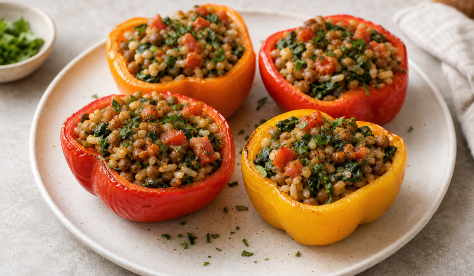 cannabis lentil stuffed bell peppers finished recipe styled as the emotional anchor with warm editorial food photography