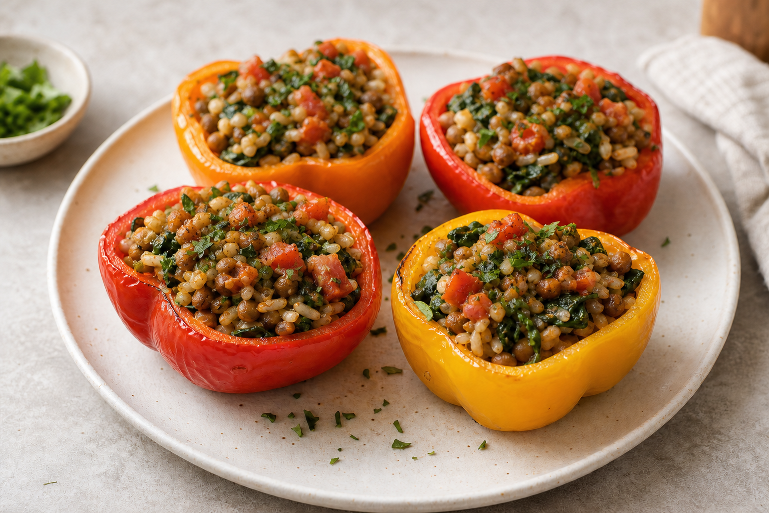 Finished cannabis lentil stuffed bell peppers divided into clear servings