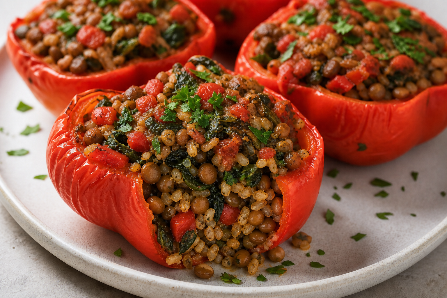 Completed cannabis lentil stuffed bell peppers in equal portions