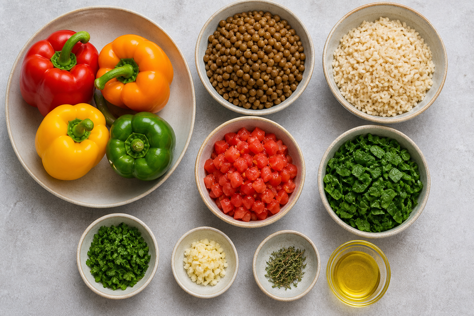Measured ingredients for cannabis lentil stuffed bell peppers including bell pepper, lentils, brown rice, tomato