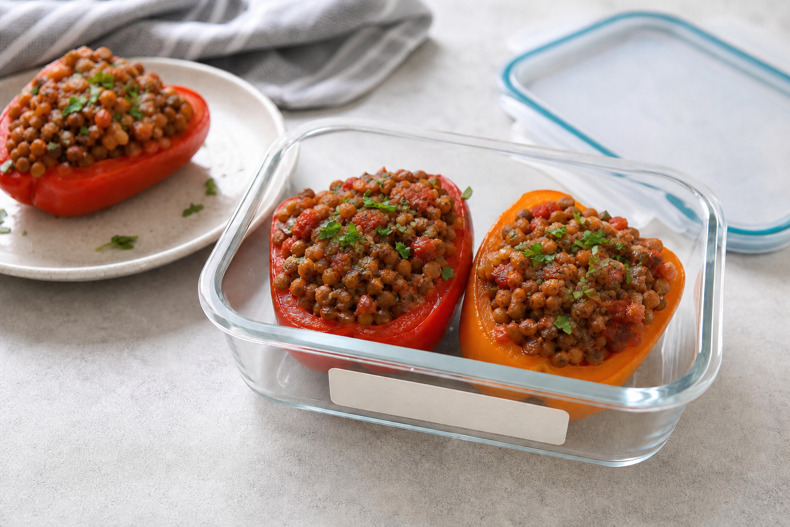 Labeled storage setup for cannabis lentil stuffed bell peppers