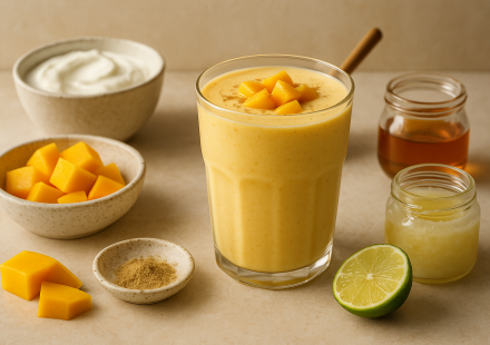 cannabis mango lassi finished recipe styled as the emotional anchor with warm editorial food photography