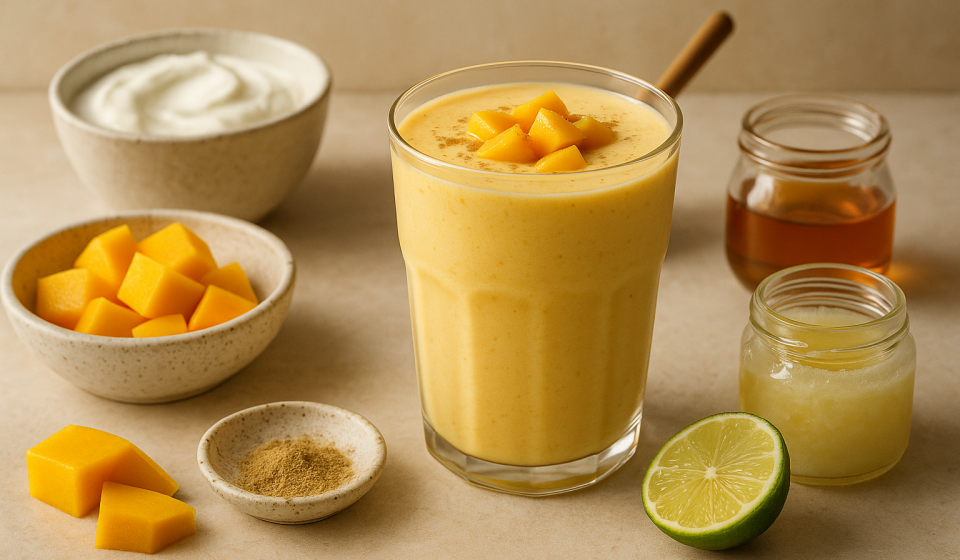 cannabis mango lassi finished recipe styled as the emotional anchor with warm editorial food photography