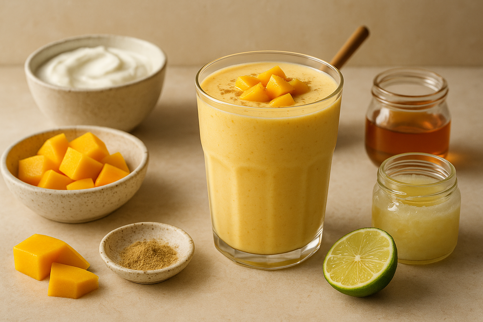 Cannabis-Infused Tropical Mango Lassi finished and portioned for measured serving