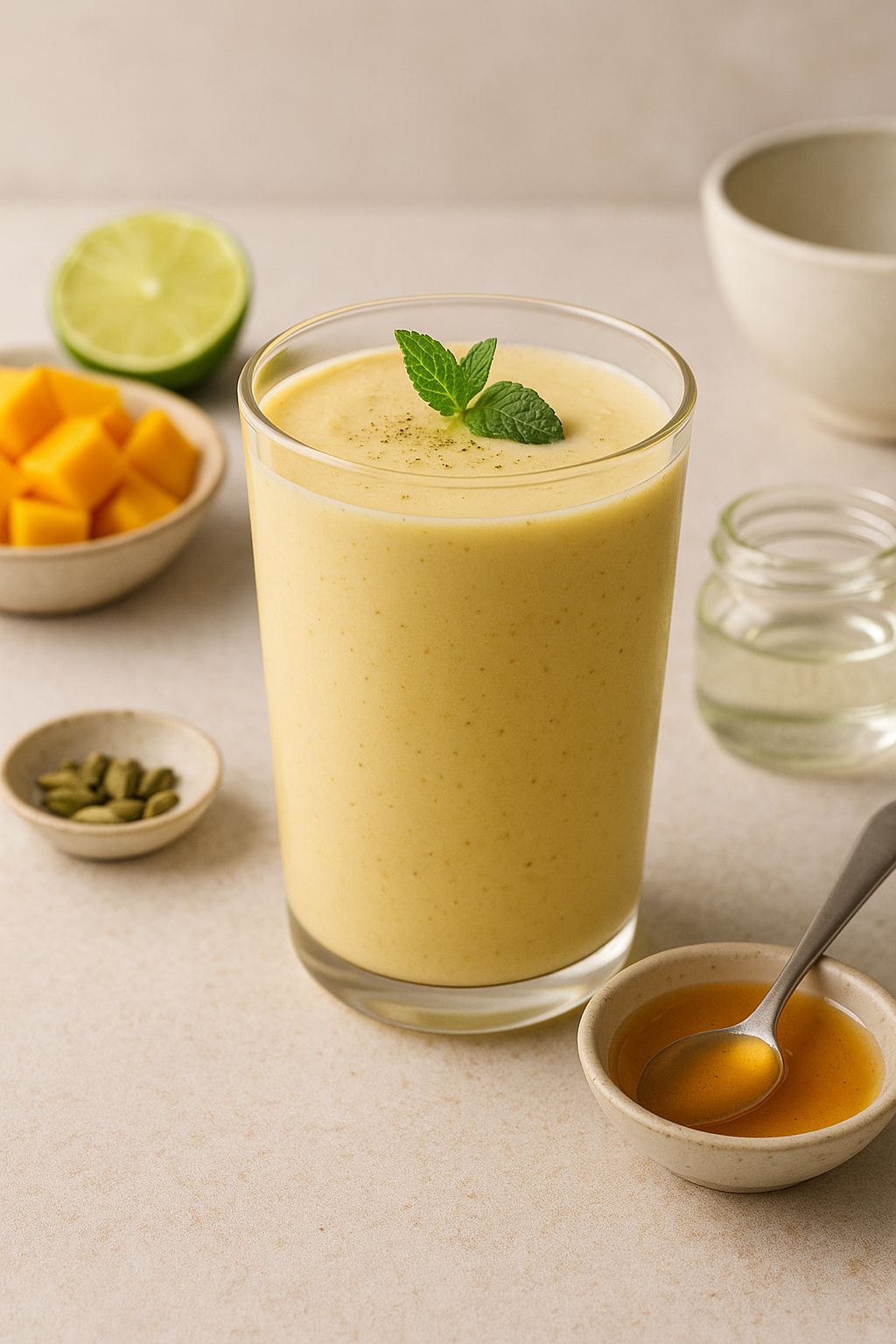 Finished Cannabis-Infused Tropical Mango Lassi divided into clear servings