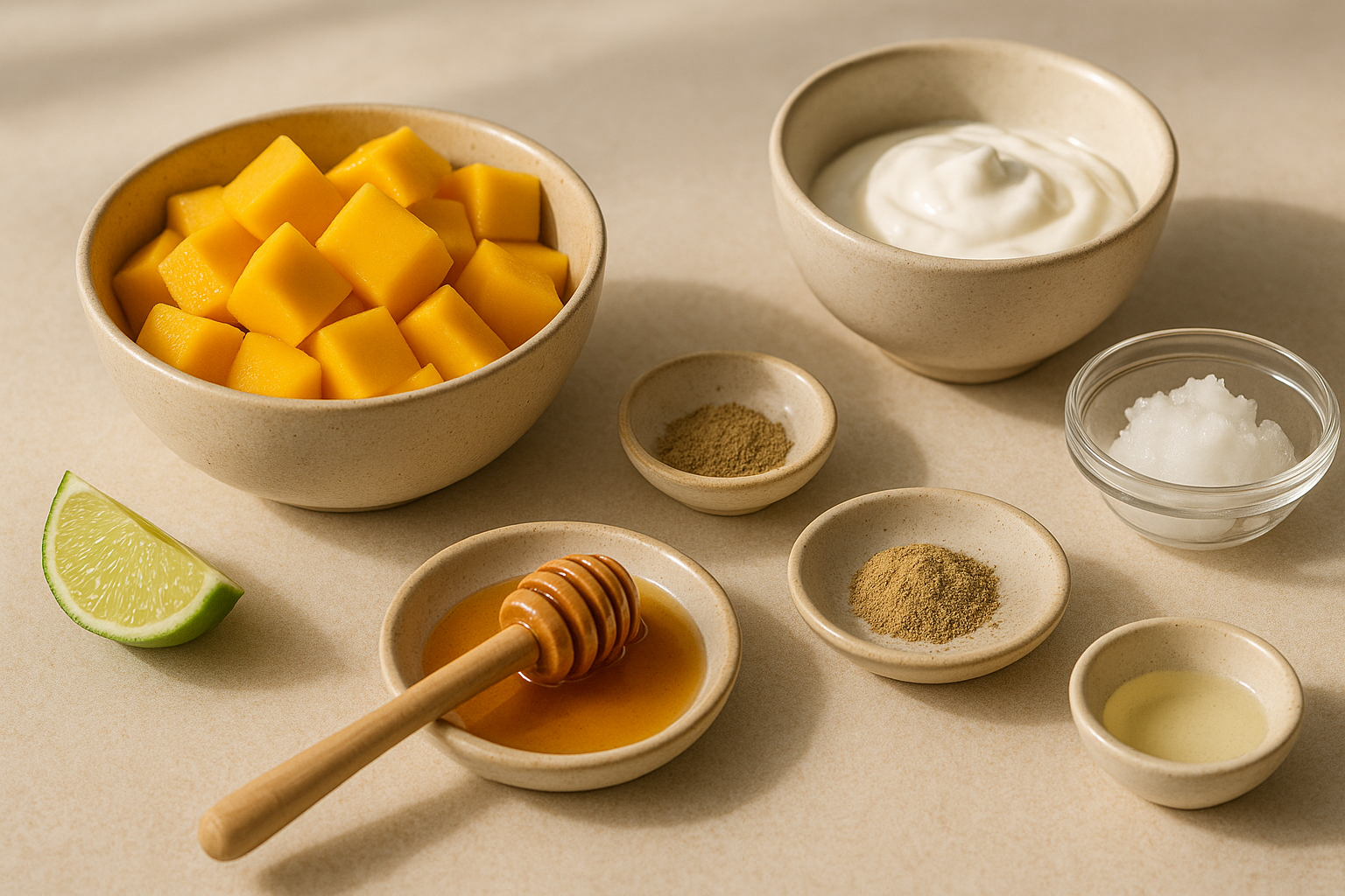 Ingredients for Cannabis-Infused Tropical Mango Lassi including mango, yogurt, cardamom, honey, lime, infused coconut oil