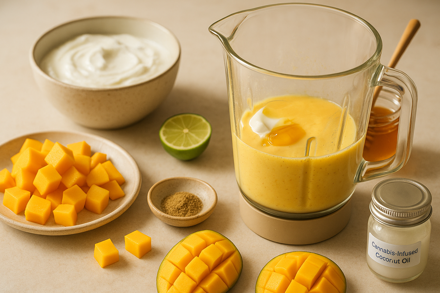 Preparing Cannabis-Infused Tropical Mango Lassi with a measured infused ingredient