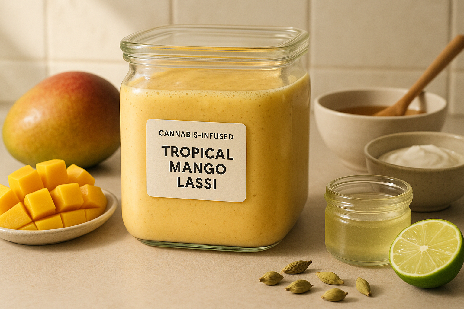 Cannabis-Infused Tropical Mango Lassi stored in a clearly labeled container