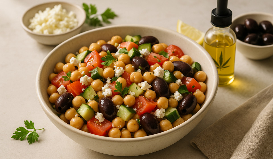 cannabis mediterranean chickpea salad finished recipe styled as the emotional anchor with warm editorial food photography