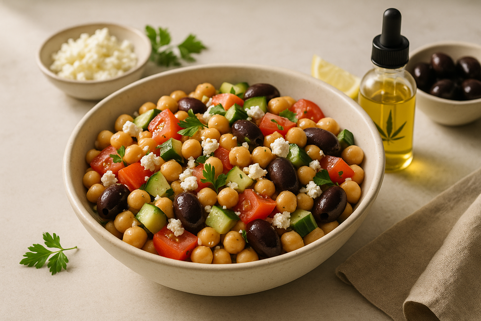 Cannabis-Infused Mediterranean Chickpea Salad finished and portioned for measured serving