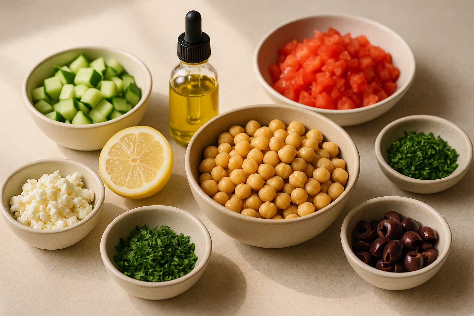 Ingredients for Cannabis-Infused Mediterranean Chickpea Salad including chickpeas, cucumber, tomato, feta, olives, lemon, herbs