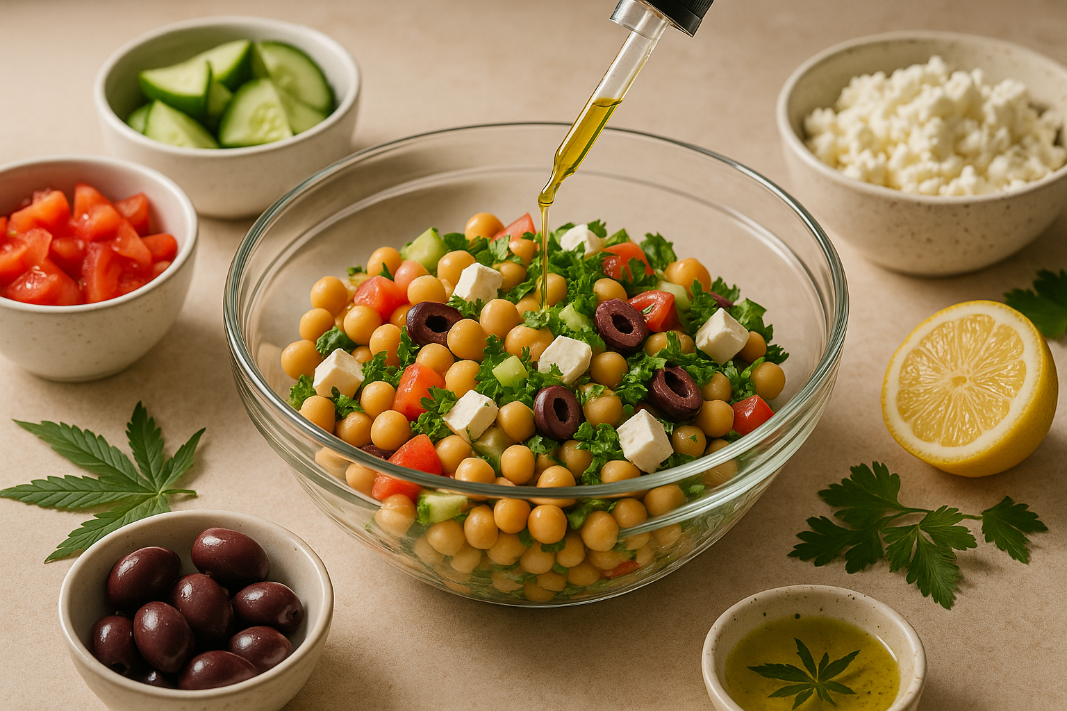 Preparing Cannabis-Infused Mediterranean Chickpea Salad with a measured infused ingredient