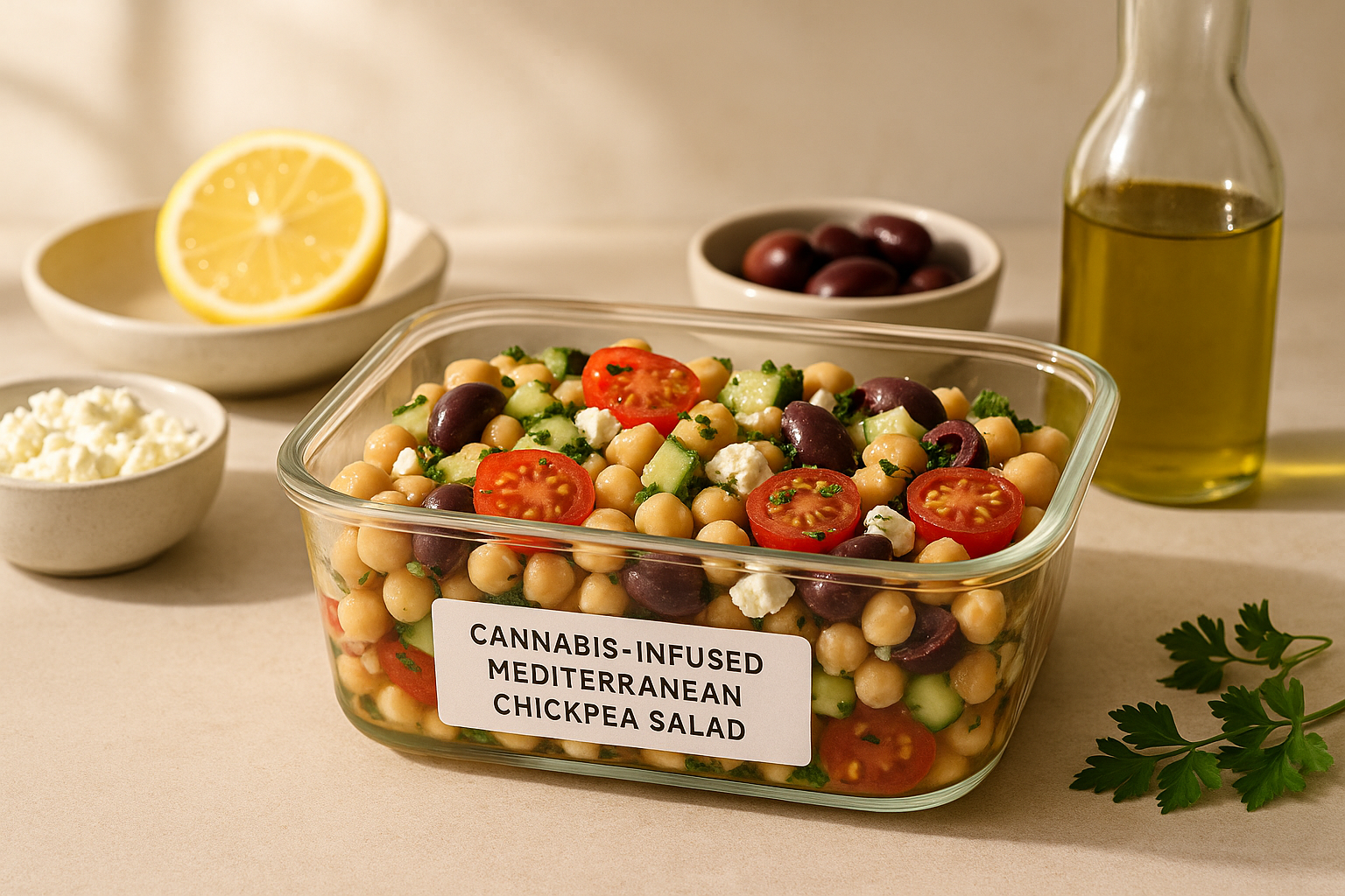 Cannabis-Infused Mediterranean Chickpea Salad stored in a clearly labeled container