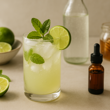 cannabis mint limeade spritzer finished recipe styled as the emotional anchor with warm editorial food photography