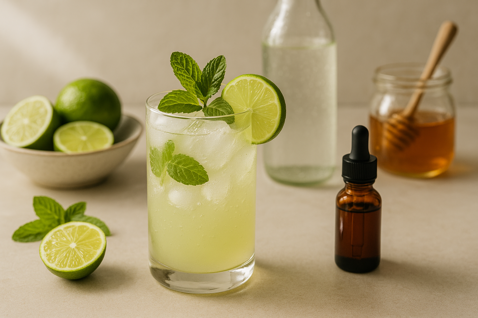 Cannabis mint limeade spritzer in clear glasses with lime wheels, mint, and ice