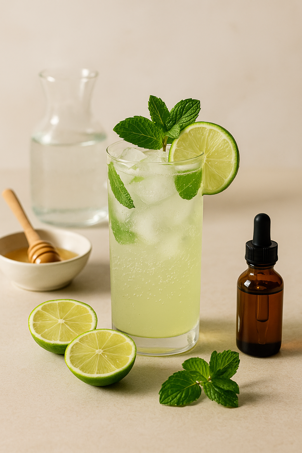 Finished cannabis mint limeade spritzer poured into equal glasses with mint garnish