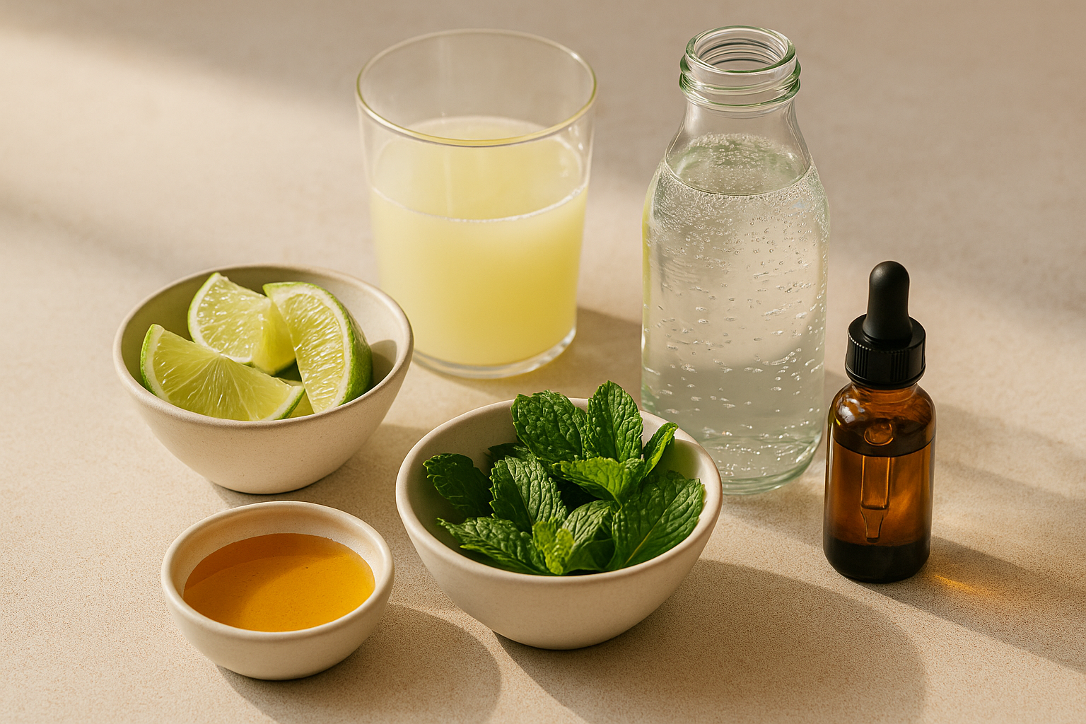 Ingredients for cannabis mint limeade spritzer including limes, mint, sparkling water, honey, and measured tincture