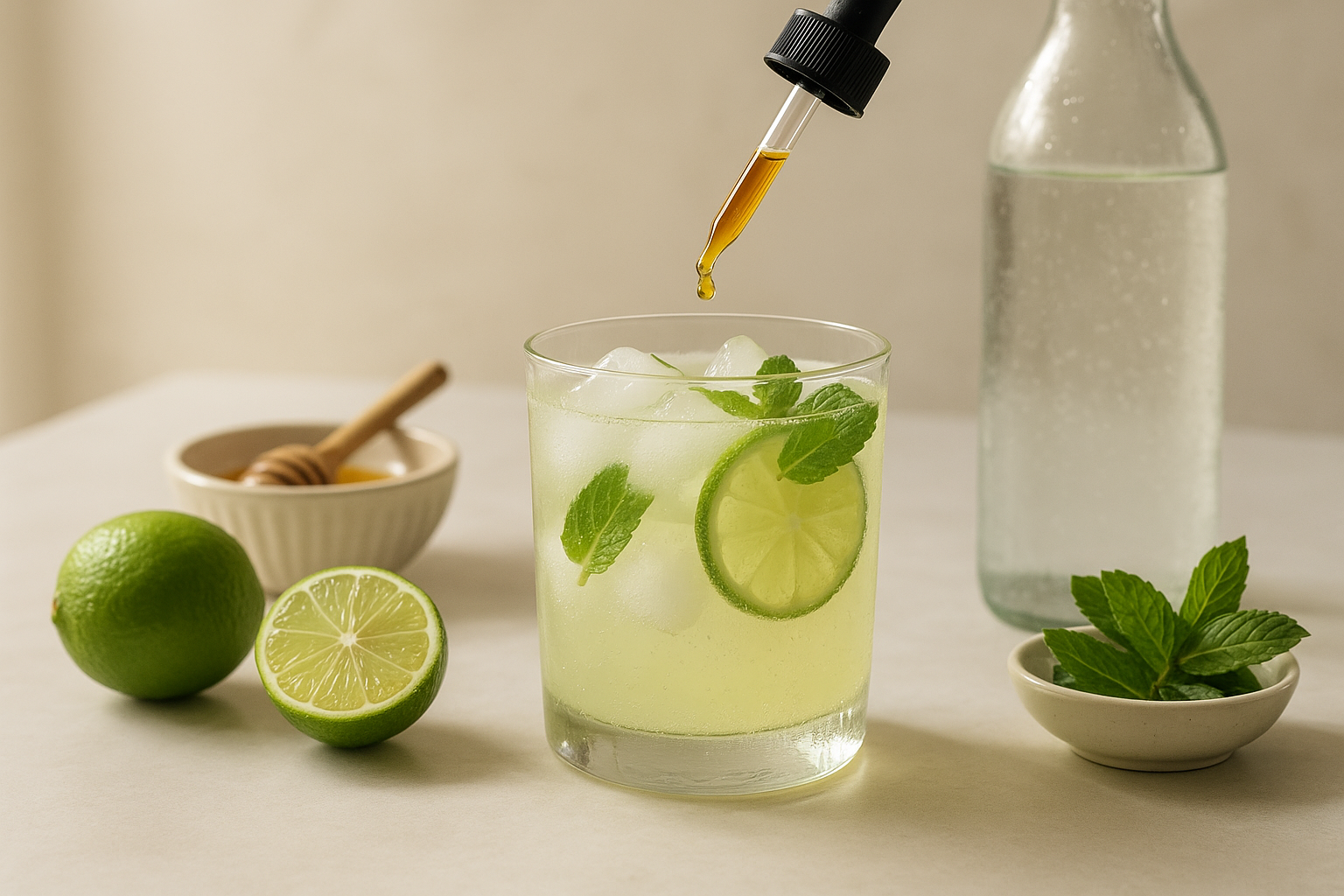 Fresh mint and lime being stirred into cannabis mint limeade spritzer base before sparkling water is added