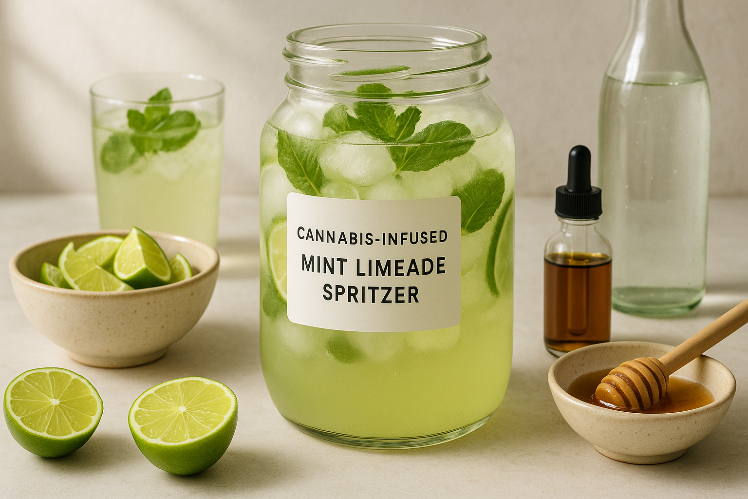 Cannabis mint limeade spritzer base stored in a labeled pitcher beside garnished serving glasses