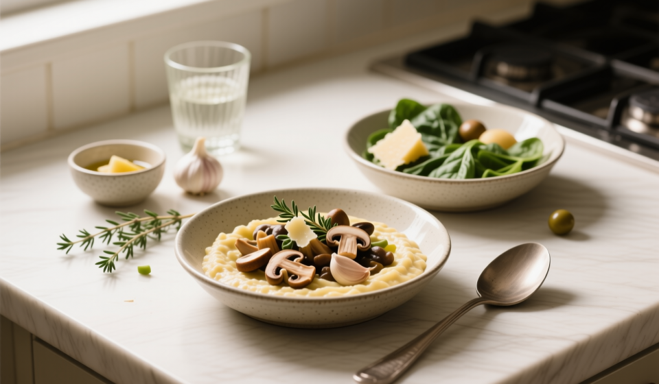 cannabis mushroom polenta bowls finished recipe styled as the emotional anchor with warm editorial food photography