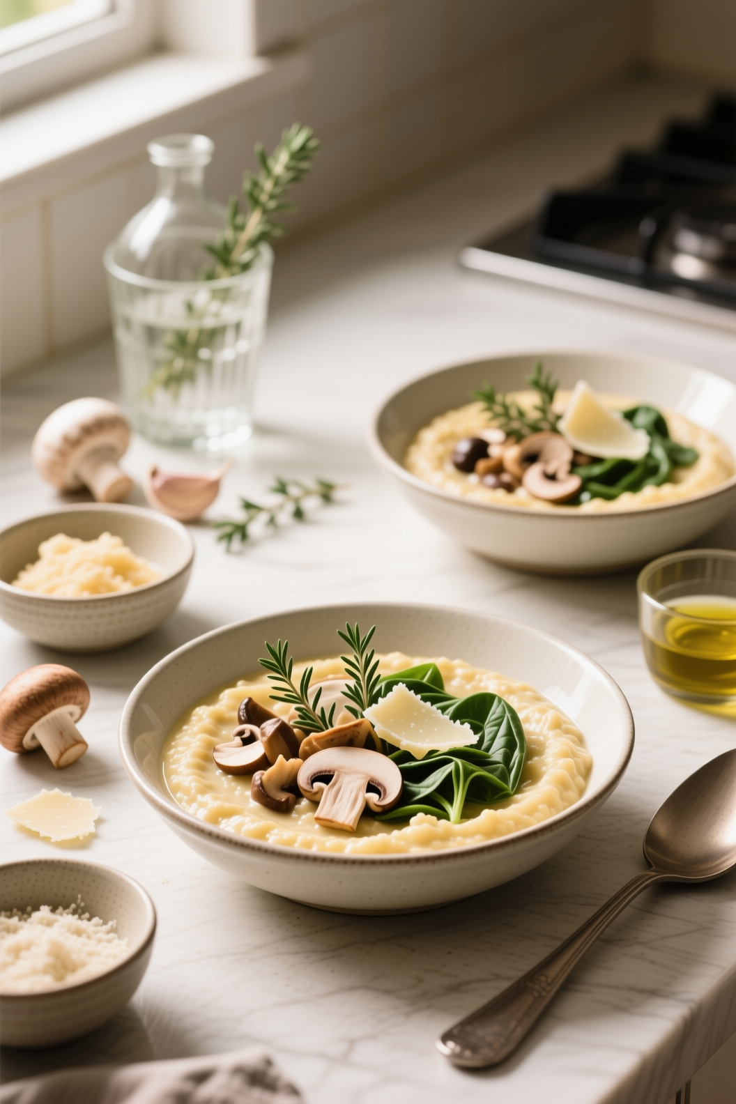Completed cannabis mushroom polenta bowls in equal portions