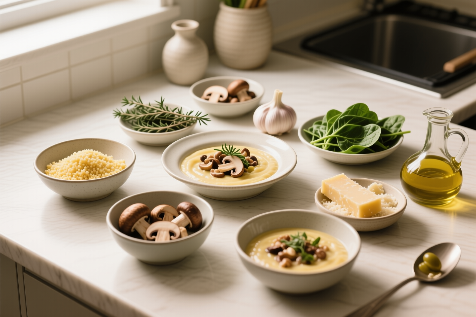 Measured ingredients for cannabis mushroom polenta bowls including creamy polenta, mixed mushrooms, thyme, garlic