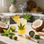 cannabis pineapple coconut cooler finished recipe styled as the emotional anchor with warm editorial food photography