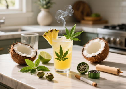 cannabis pineapple coconut cooler finished recipe styled as the emotional anchor with warm editorial food photography