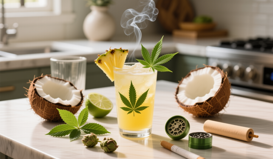 cannabis pineapple coconut cooler finished recipe styled as the emotional anchor with warm editorial food photography