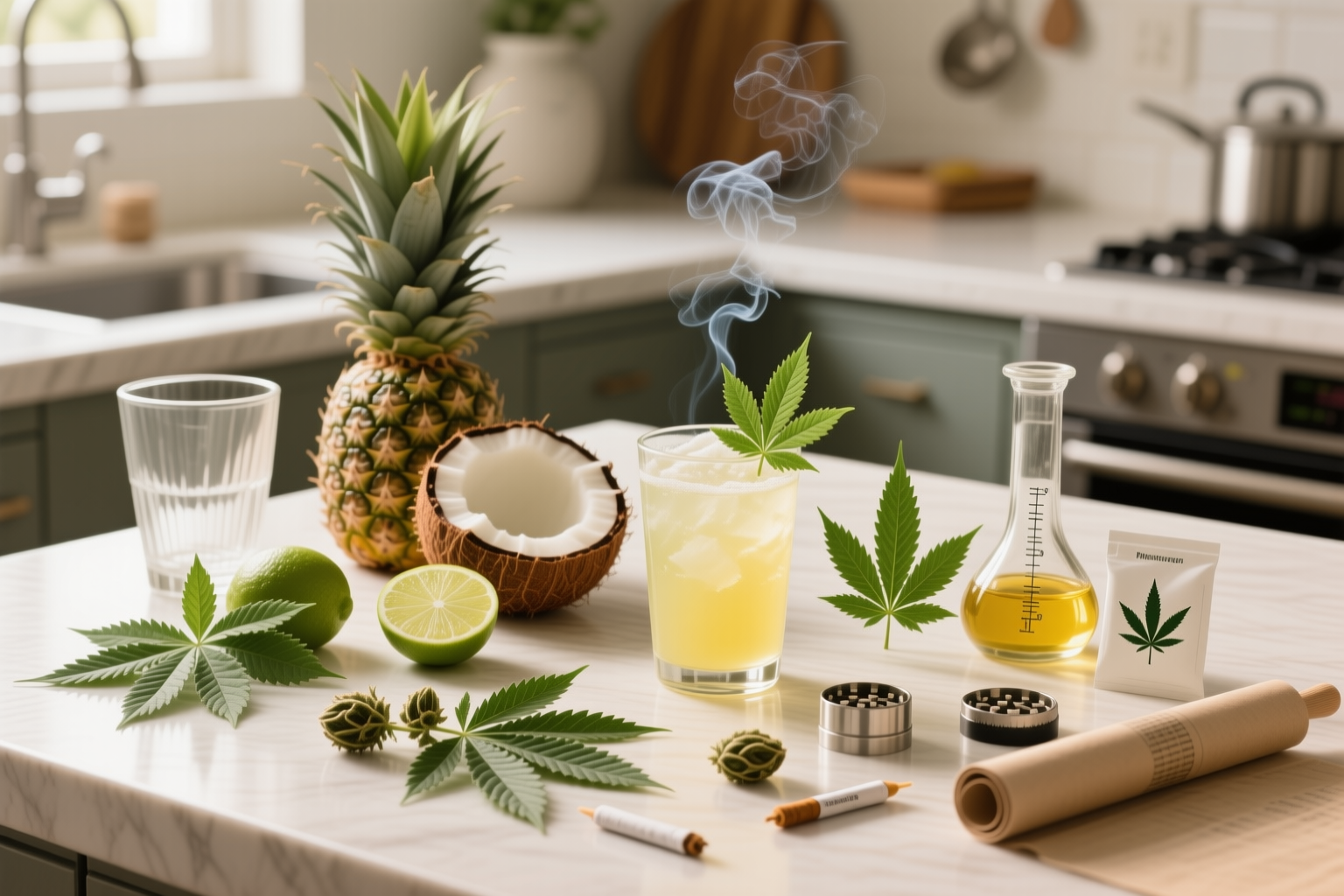 Ingredients for Cannabis-Infused Pineapple Coconut Cooler including pineapple, coconut, lime, mint, infused coconut oil