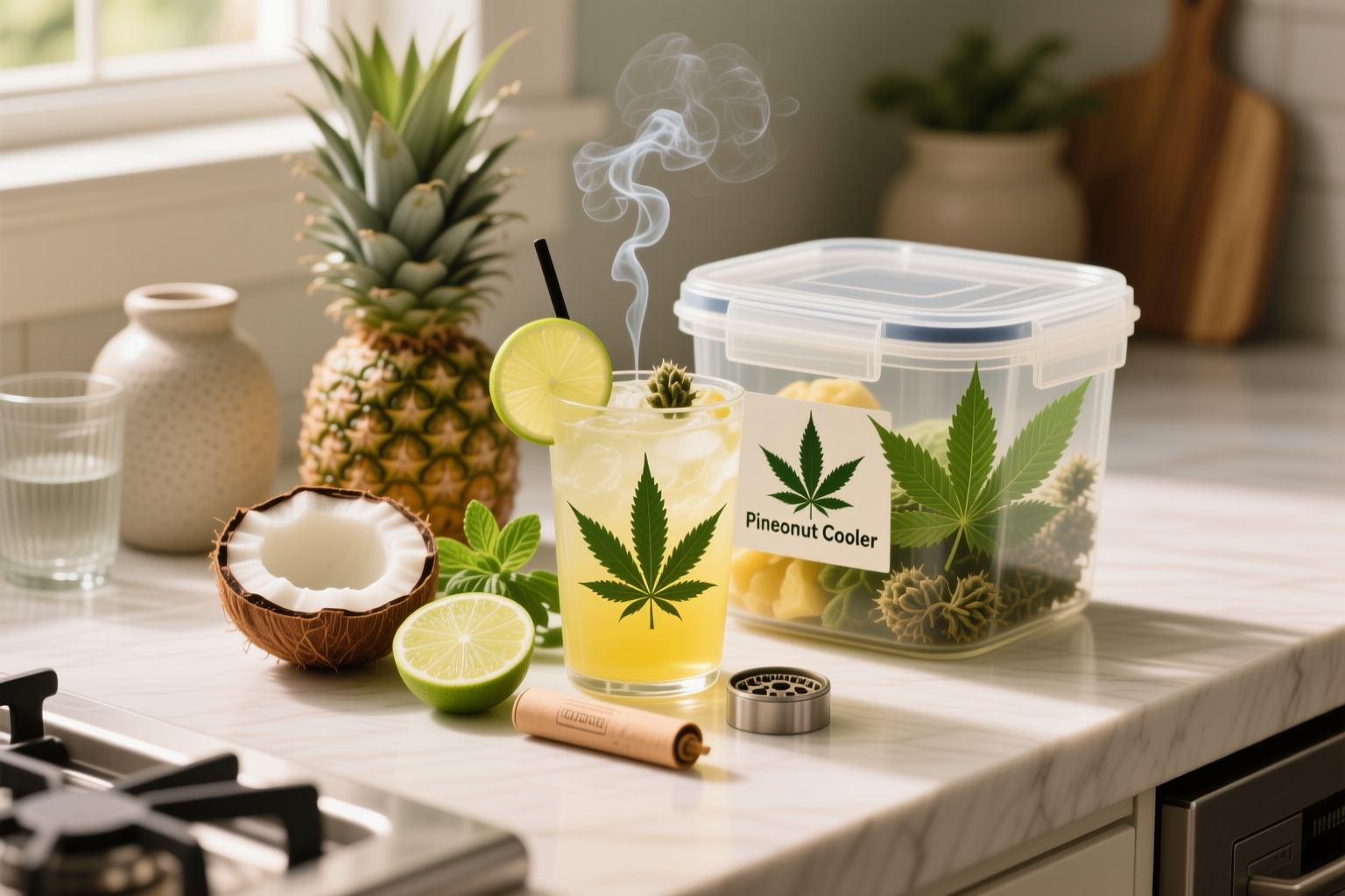 Cannabis-Infused Pineapple Coconut Cooler stored in a clearly labeled container