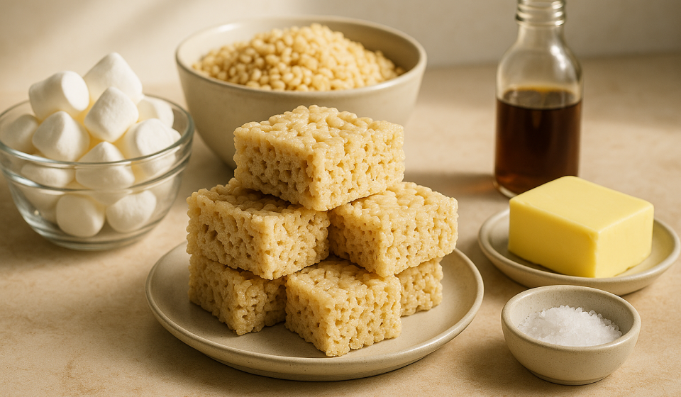 cannabis rice krispie treats finished recipe styled as the emotional anchor with warm editorial food photography