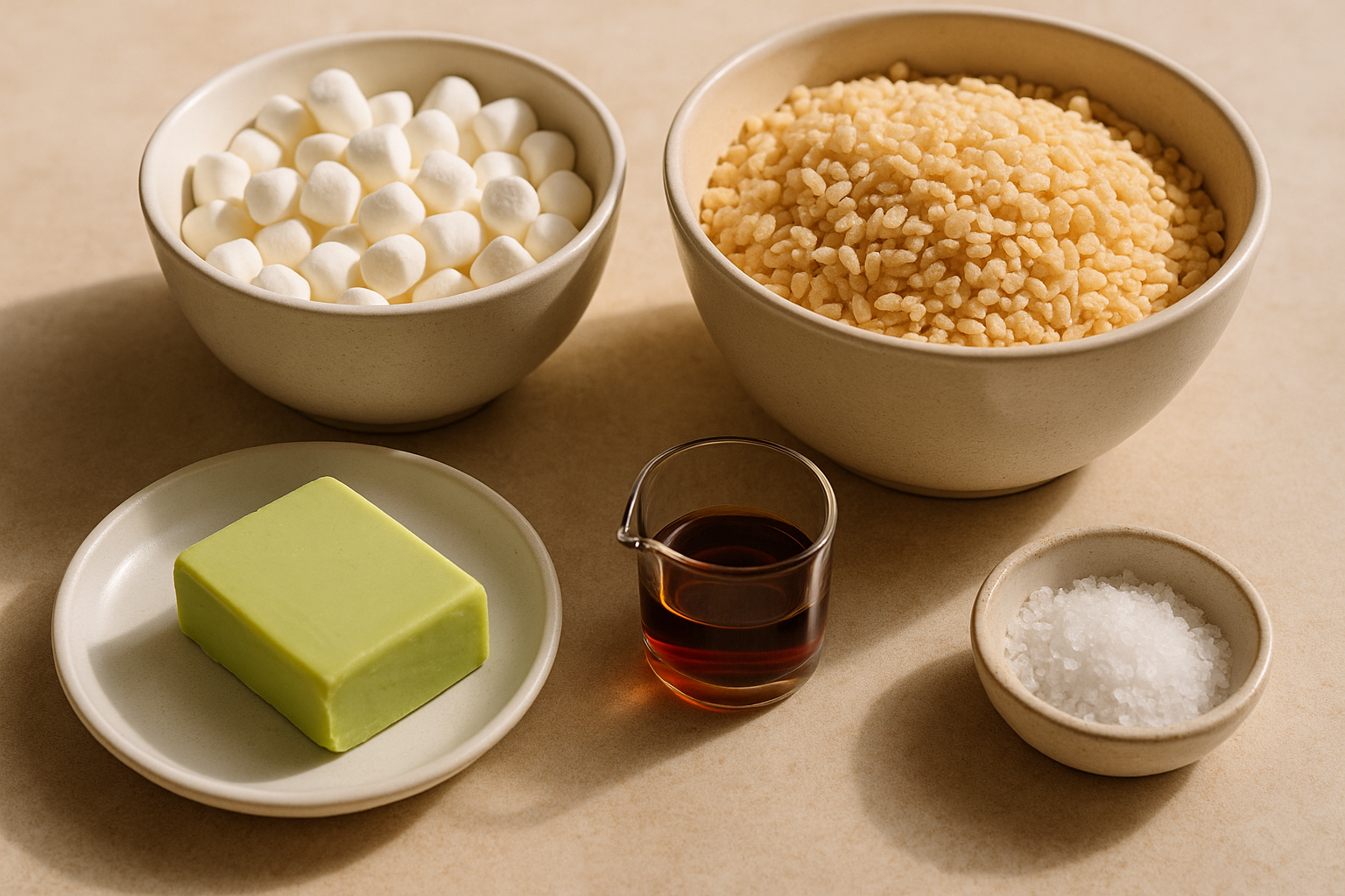 Ingredients for Cannabis-Infused Rice Krispie Treats including marshmallow, crisp rice cereal, vanilla, sea salt, infused butter