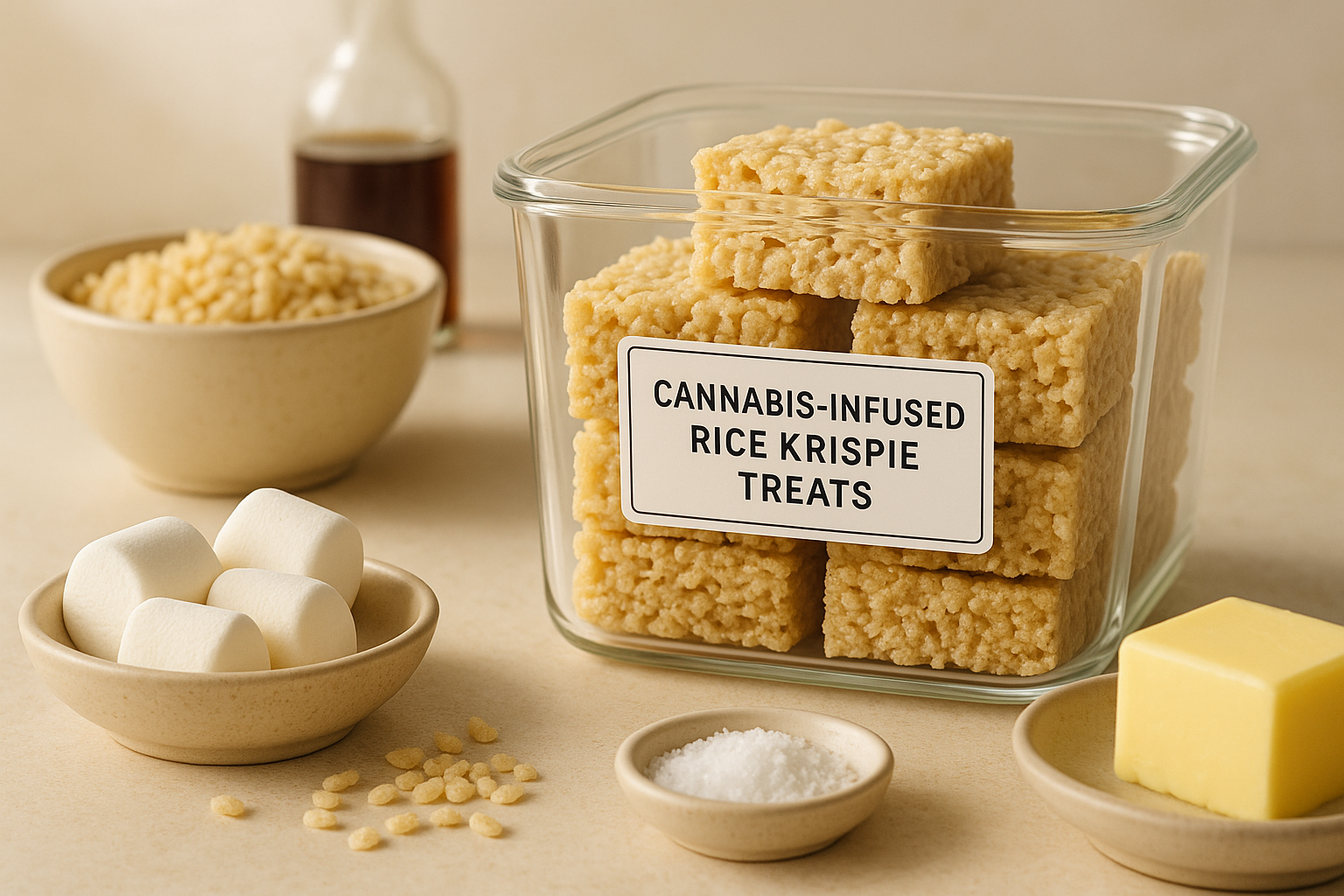 Cannabis-Infused Rice Krispie Treats stored in a clearly labeled container