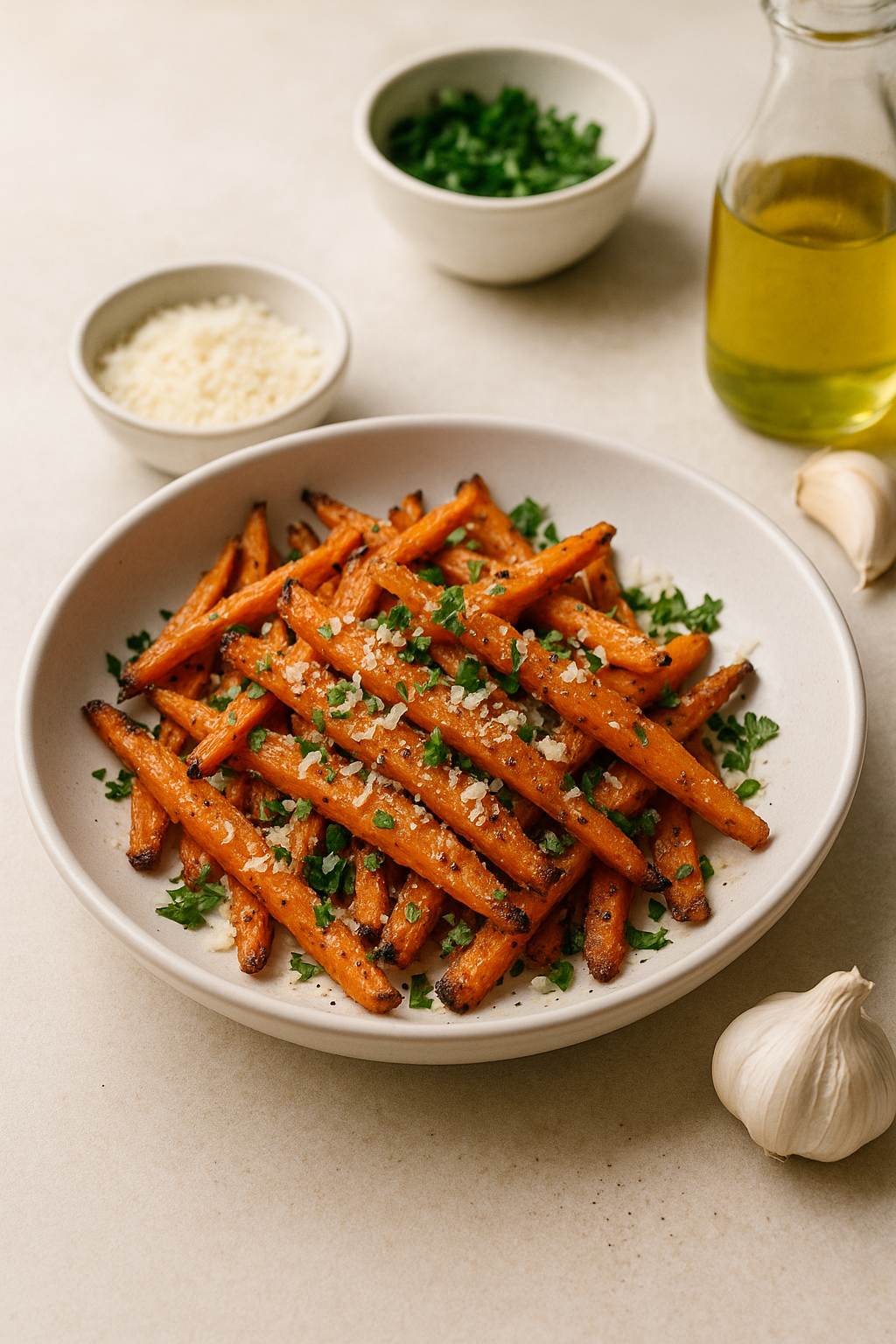 Finished Cannabis-Infused Roasted Carrot Fries with Garlic and Parmesan divided into clear servings